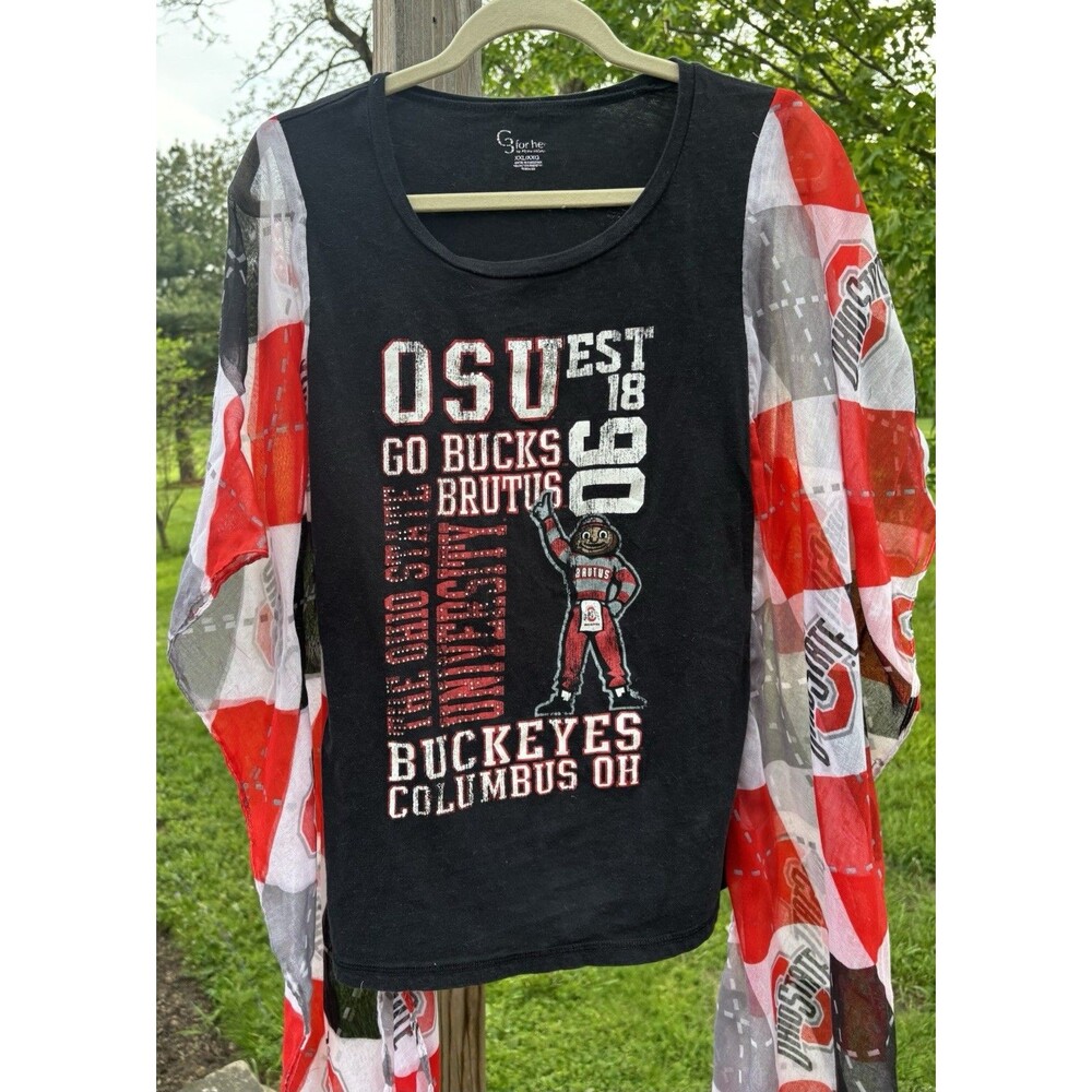 OSU Ohio State Buckeyes Upcycled Poncho T-Shirt One Size Fits Most Football Boho